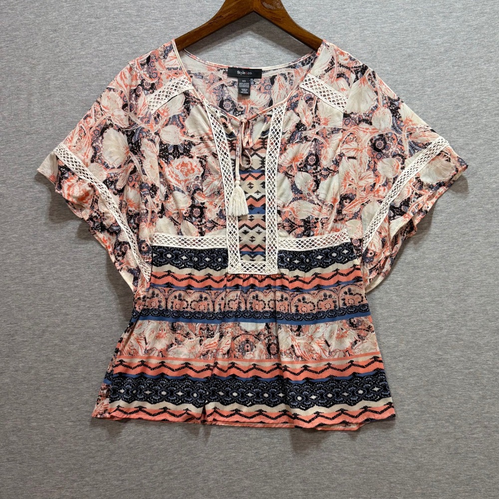 Style & Co Blouse Women XS Multicolor Boho Tassel Tie Floral Geometric Peasant